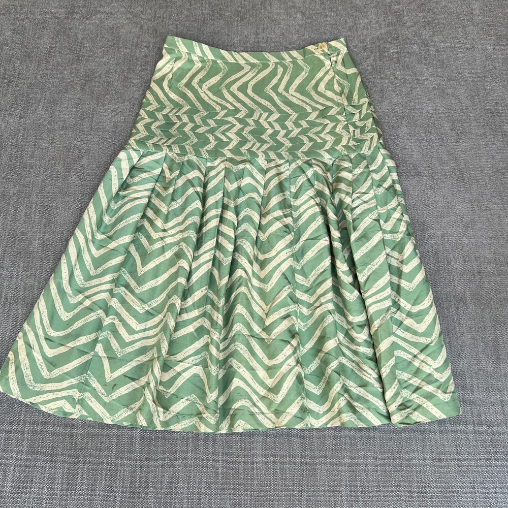 Vtg Richard Warren Midi Skirt Womens 14 Green White Chevron Silk Pleated Retro
